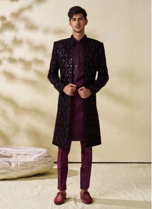 Jacket Style Dark Purple Color Embroidered Indowestern Set