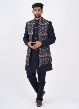 Jacket Style Navy Blue Indowestern In Silk