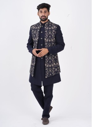 Jacket Style Navy Blue Indowestern In Silk