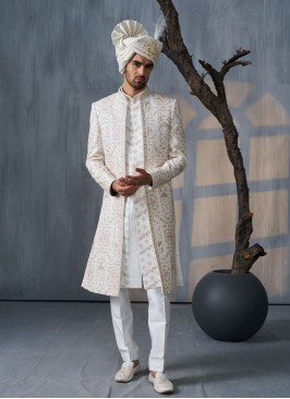 Jacket Style Off White Designer Silk Sherwani For Groom