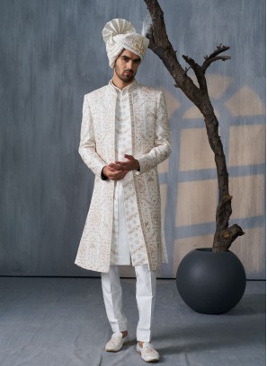 Jacket Style Off White Designer Silk Sherwani For Groom