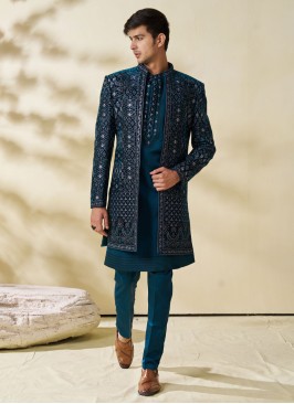 Jacket Style Teal Blue Embroidered Indowestern Set