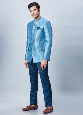 Jacquard Silk Firozi Color Asymmetric Jodhpuri Suit