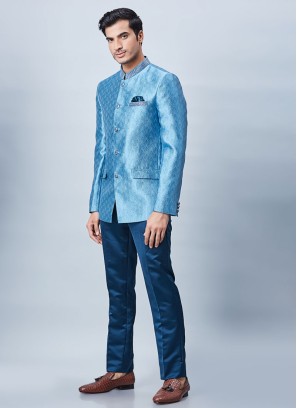 Jacquard Silk Firozi Color Asymmetric Jodhpuri Suit