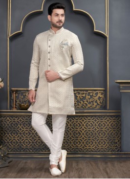 Jacquard Silk Cream Color Indowestern Set