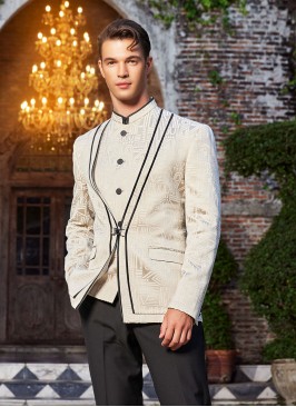 Jacquard Silk Fabric Cream Suit For Wedding