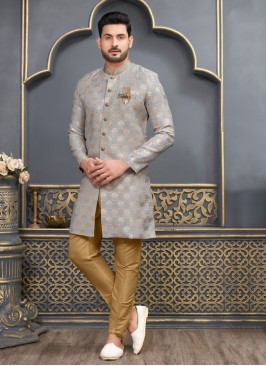 Jacquard Silk Grey And Golden Indowestern Set