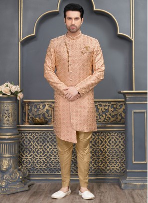 Jacquard Silk Indowestern In Peach Color