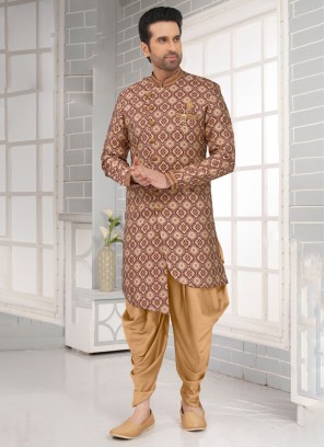 Jacquard Silk Maroon Indowestern Set For Men