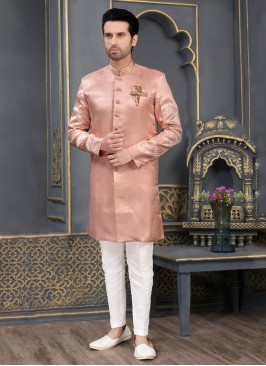 Jacquard Silk Peach Indowestern Set For Men