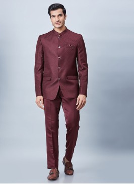 Jacquard Silk Wine Color Jodhpuri Suit