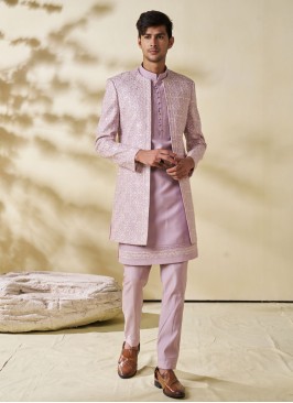 Lavender Jacket Style Indowestern Set With Embroidery