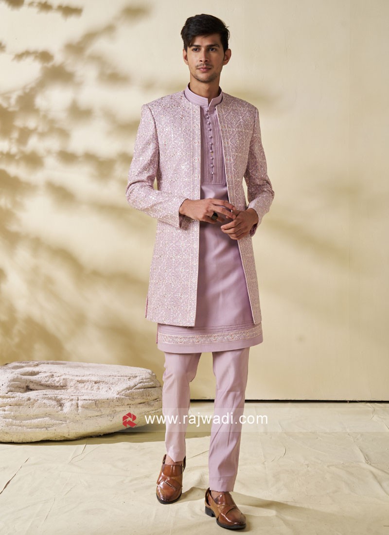 Lavender Jacket Style Indowestern Set With Embroidery