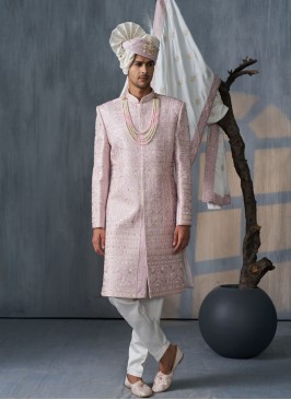 Lavender Silk Embroidered Sherwani For Men
