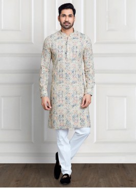 Lemon Yellow Cotton Silk Embroidered Kurta Pajama Set