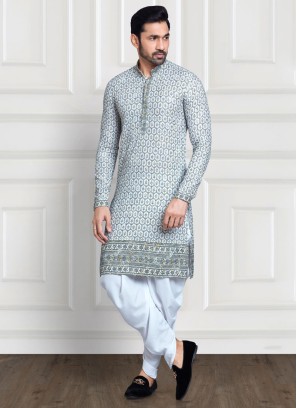 Light Grey And White Embroidered Kurta Pajama