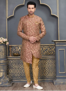 Light Maroon And Golden Jacquard Silk Indowestern Set