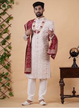 Light Pink Embroidered Wedding Wear Sherwani For Men