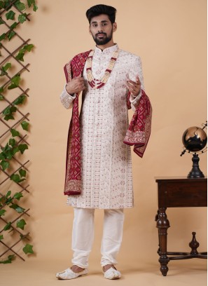 Light Pink Embroidered Wedding Wear Sherwani For Men