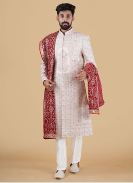 Light Pink Sherwani In Silk With Embroidered Work