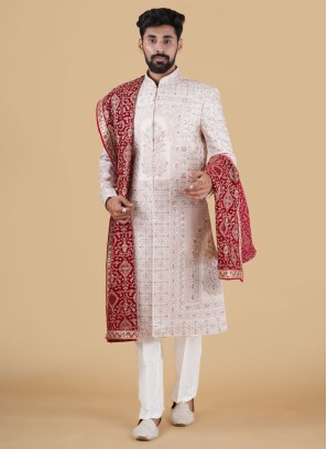 Light Pink Sherwani In Silk With Embroidered Work