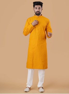 Lucknowi Readymade Kurta Pajama In Mustard Yellow