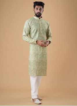 Lucknowi Work Kurta Pajama In Pista Green