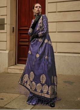 Magnificent Dark Blue Woven Banarasi Silk Contemporary Saree
