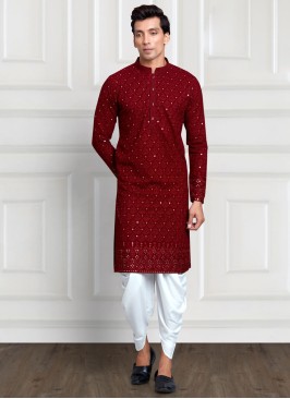 Maroon Color Embroidered Chiffon Silk Kurta Pajama