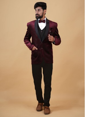 Maroon Party Wear Tuxedo Set In Imported Fabric