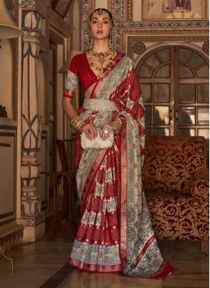 Maroon Color Printed Contemporary Silk Saree