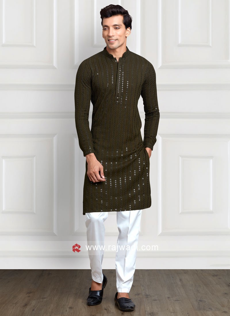 Over Crowd Men's Chicken Kurta & Cotton Pyjama ( Mehndi Green)