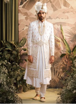 Men's Wedding Cream Embroidered Sherwani