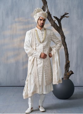 Men's Wedding White Embroidered Sherwani With Dupatta