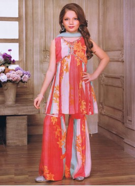 Multi Color Floral Printed Silk Sharara Suit