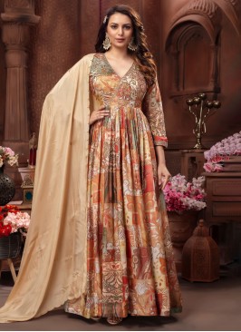 Multi-Colored Crepe Silk Printed Anarkali Suit
