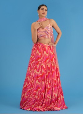 Multi-colored Printed Lehenga Set With Choker Style Dupatta