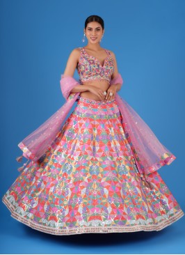 Multi-colored Silk Lehenga With Designer Choli
