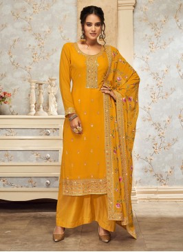 Musatrd Yellow Embroidered Georgette Dress Material