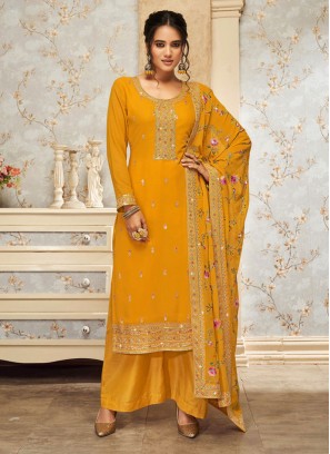 Musatrd Yellow Embroidered Georgette Dress Material