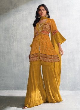 Shagufta Mustard Yellow Sharara Set With Flared Jacket