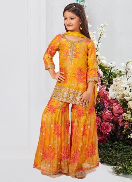 Mustard Yellow Sharara Top Set In Silk Fabric