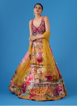 Mustard Yellow Silk Floral Printed Choli Suit