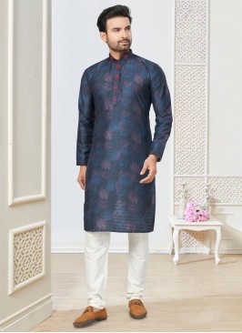 Navy Blue Cotton Silk Kurta Pajama For Men