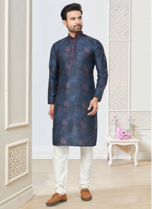 Navy Blue Cotton Silk Kurta Pajama For Men