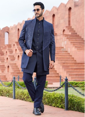 Navy Blue Embroidered Jacket Style Indowestern Set