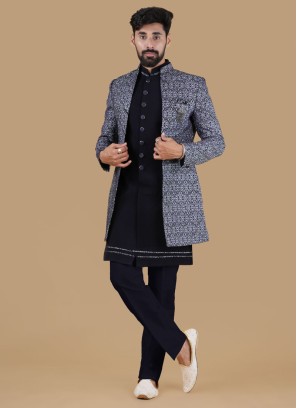 Navy Blue Embroidered Jacket Style Indowestern Set In Velvet