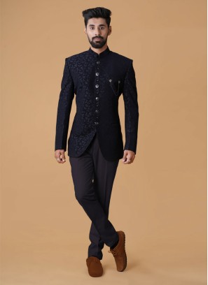 Navy Blue Thread Embroidered Imported Jodhpuri Suit