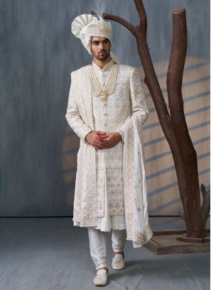 Off White Anarkali Style Wedding Embroidered Sherwani Set