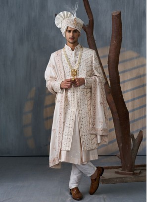 Off White Embroidered Wedding Wear Anarkali Style Sherwani